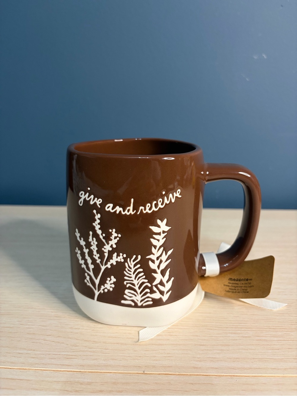 Rae Dunn - Brown Ceramic Mug with White Botanical Script – 'Give and Receive'